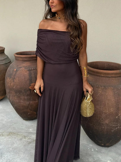 Women's Elegant Off-Shoulder Maxi Dress with Flowing A-Line Silhouette