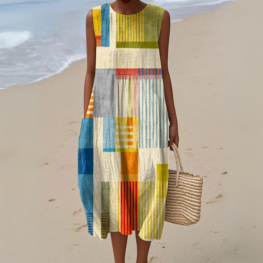 Women's Geometric Patchwork Midi Dress with Sleeveless Relaxed Fit