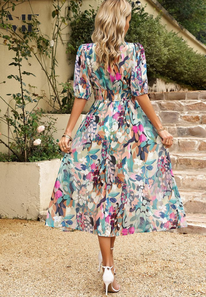 Floral V-Neck A-Line Midi Dress for Women