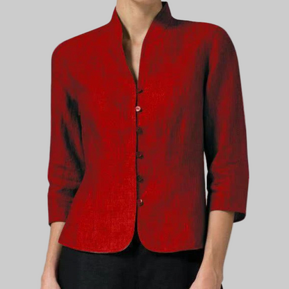 Women's Stand Collar Blouse Three-Quarter Sleeves Chambray