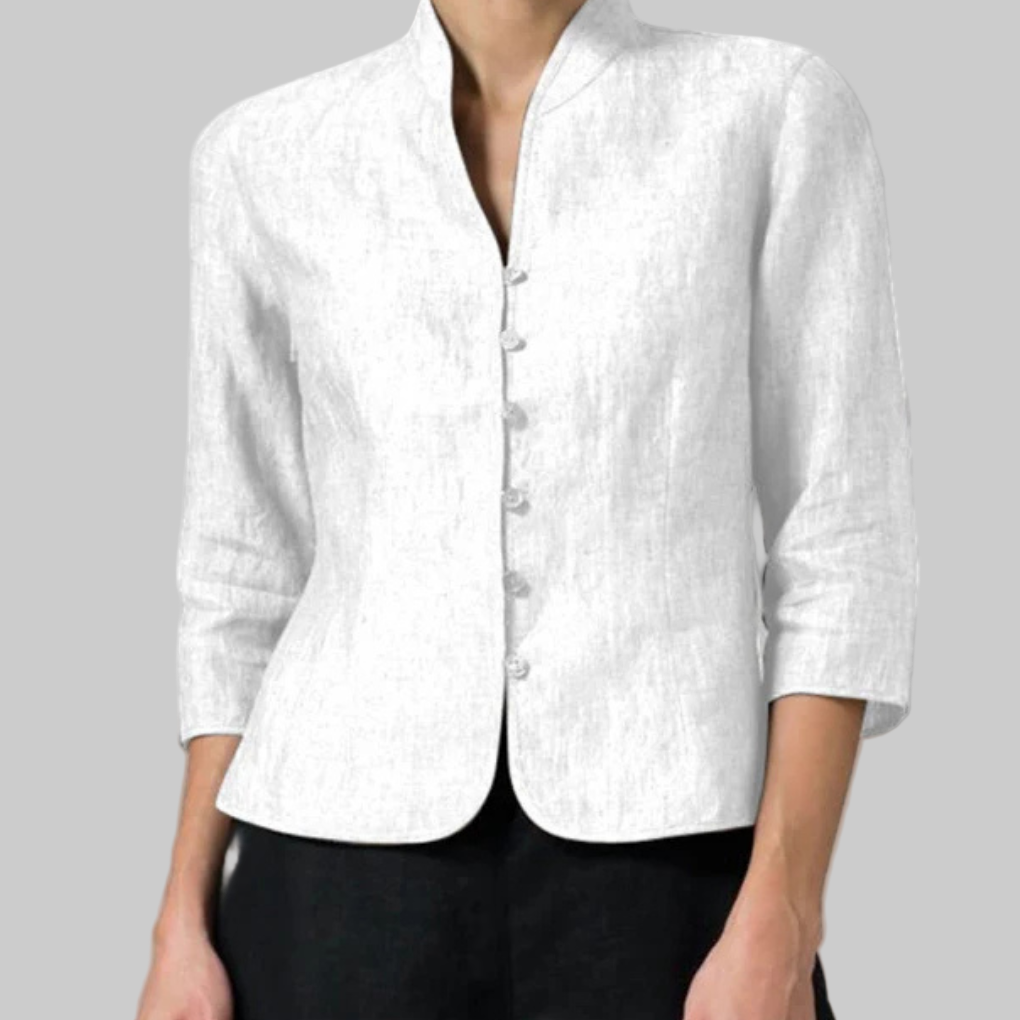 Women's Stand Collar Blouse Three-Quarter Sleeves Chambray