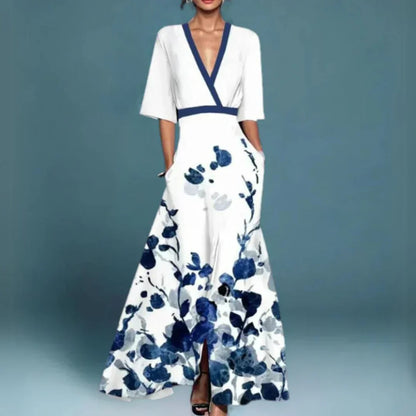 Women's Floral Wrap Maxi Dress with Contrast Trim and Front Slit