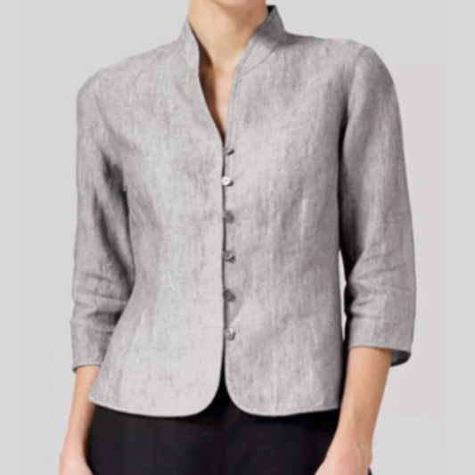 Women's Stand Collar Blouse Three-Quarter Sleeves Chambray