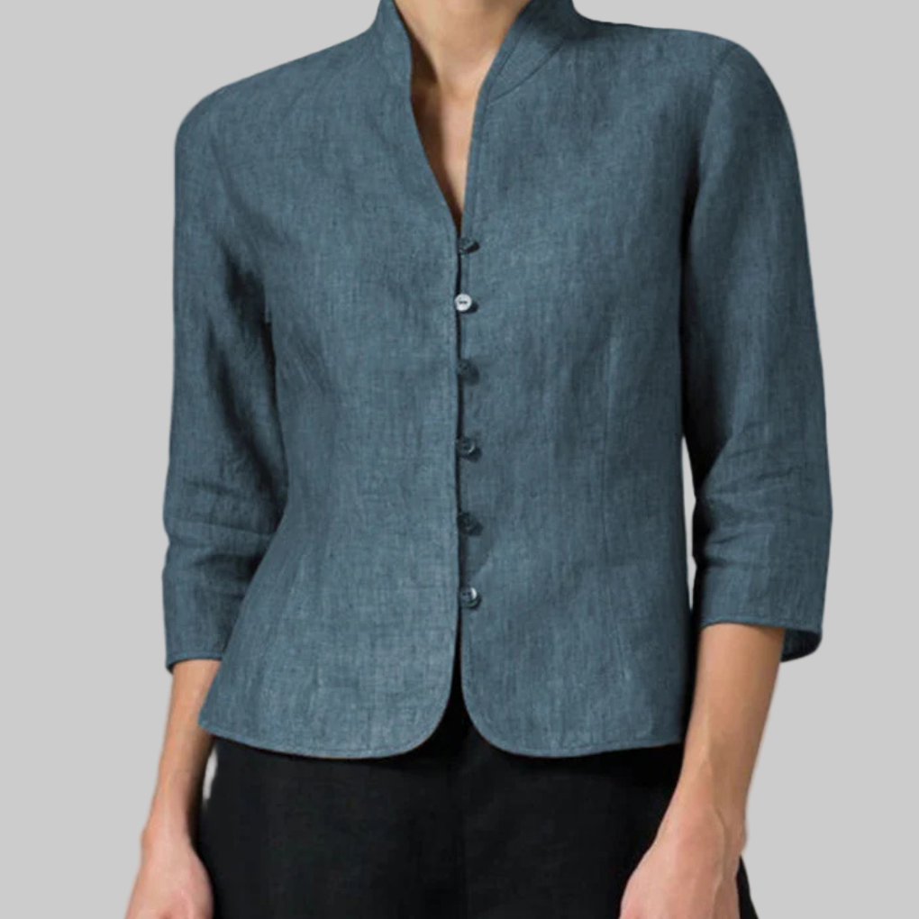 Women's Stand Collar Blouse Three-Quarter Sleeves Chambray
