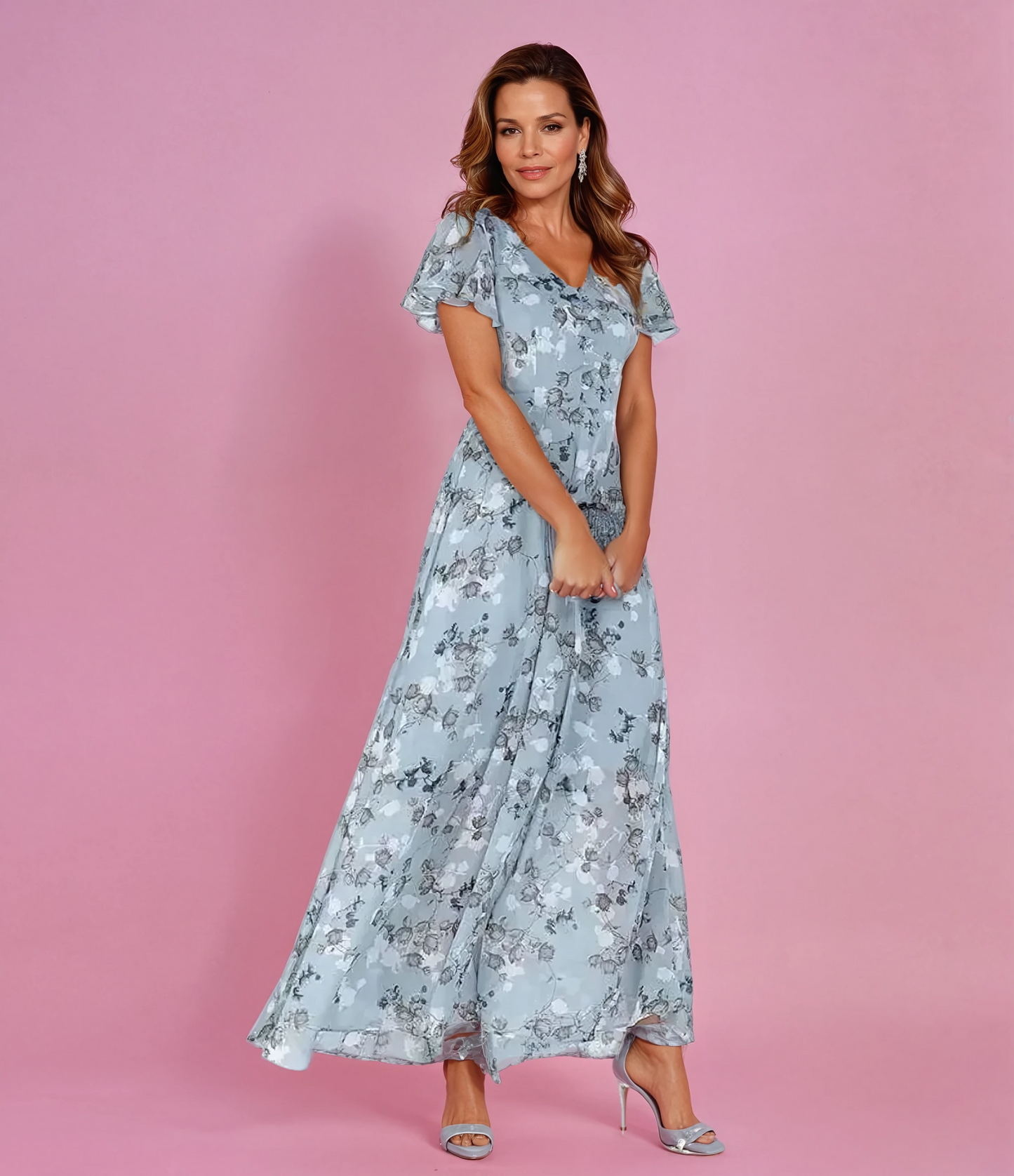 Women’s Romantic Floral Maxi Dress with Flutter Sleeves