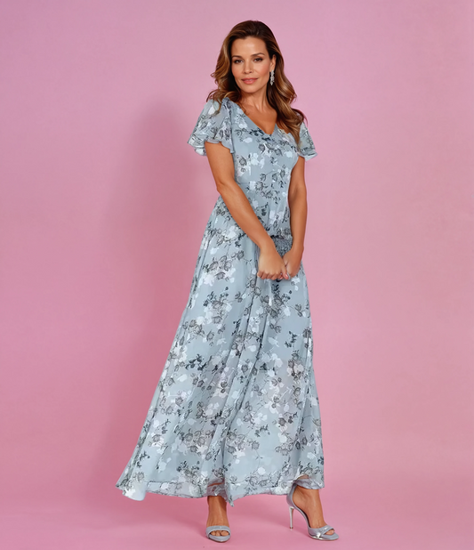 Women’s Romantic Floral Maxi Dress with Flutter Sleeves