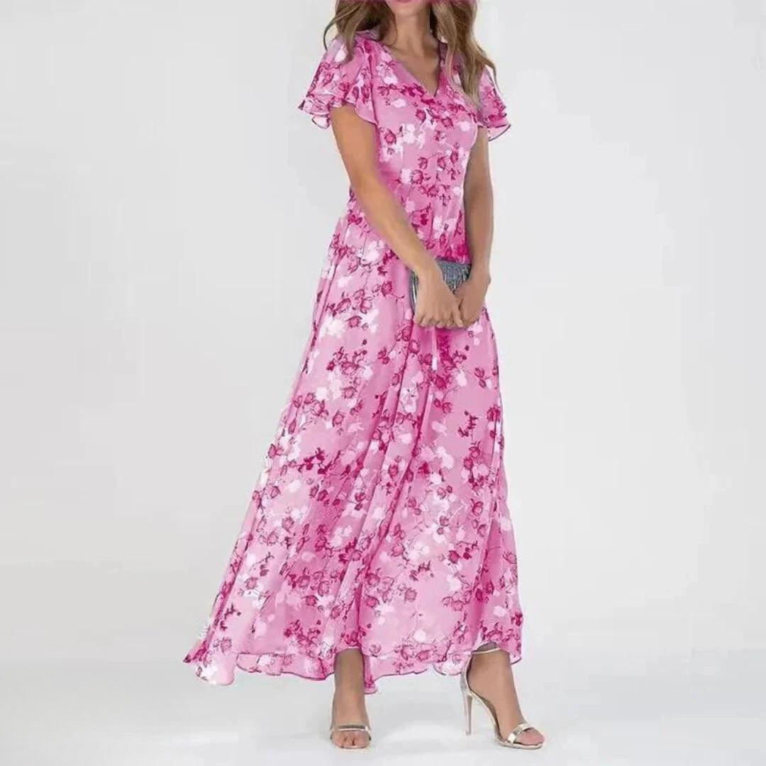 Women’s Romantic Floral Maxi Dress with Flutter Sleeves