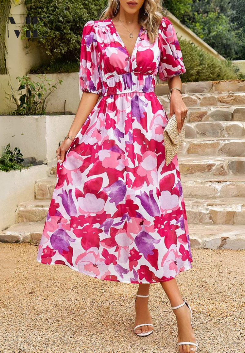 Floral V-Neck A-Line Midi Dress for Women