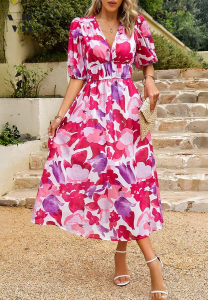 Floral V-Neck A-Line Midi Dress for Women