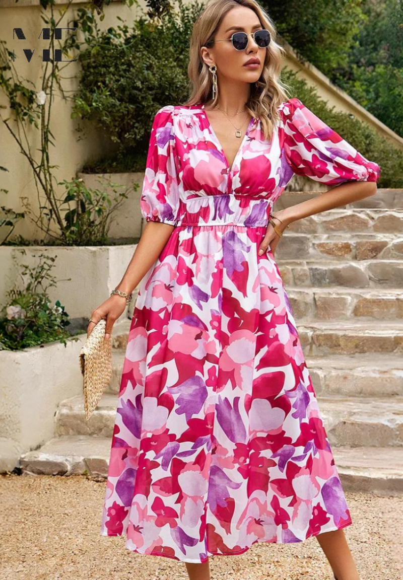 Floral V-Neck A-Line Midi Dress for Women