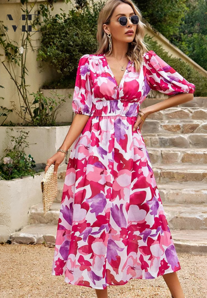 Floral V-Neck A-Line Midi Dress for Women
