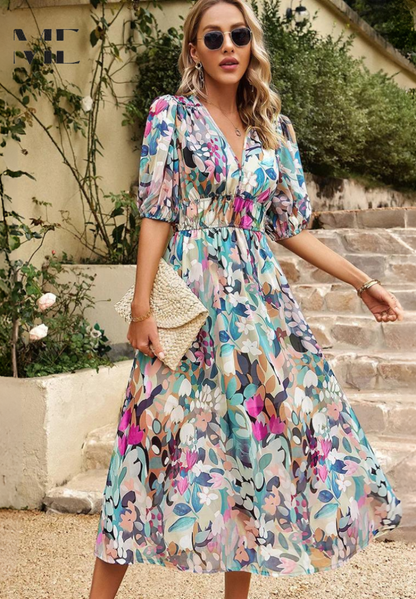 Floral V-Neck A-Line Midi Dress for Women