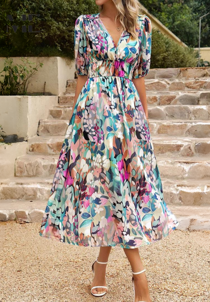 Floral V-Neck A-Line Midi Dress for Women