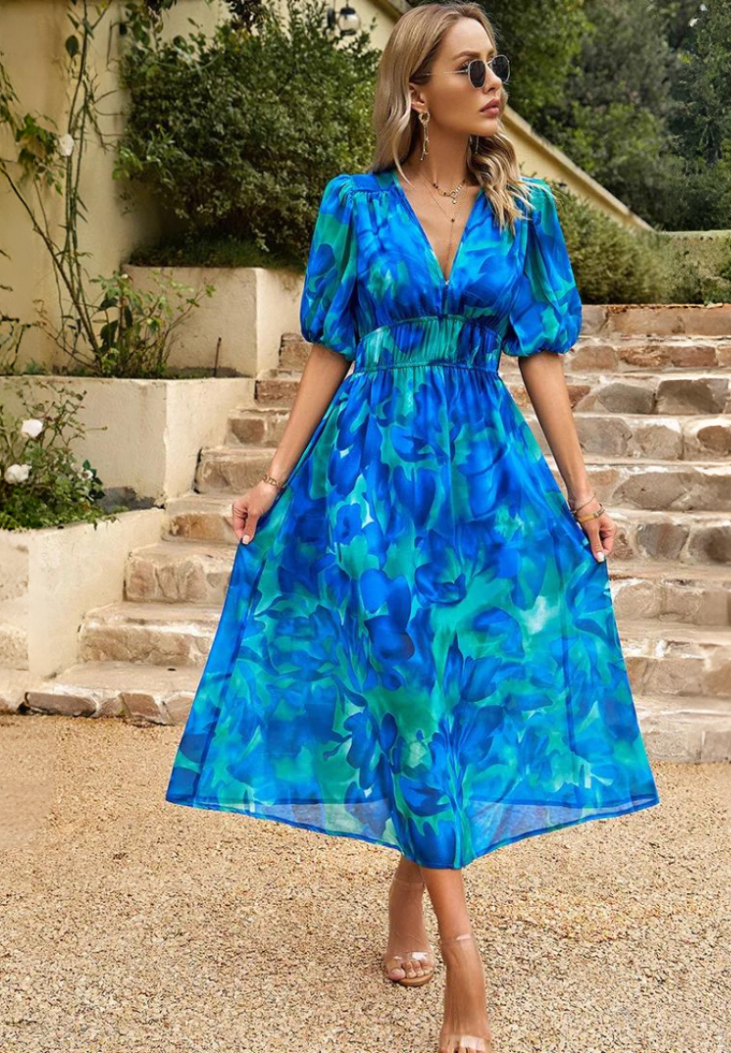 Floral V-Neck A-Line Midi Dress for Women
