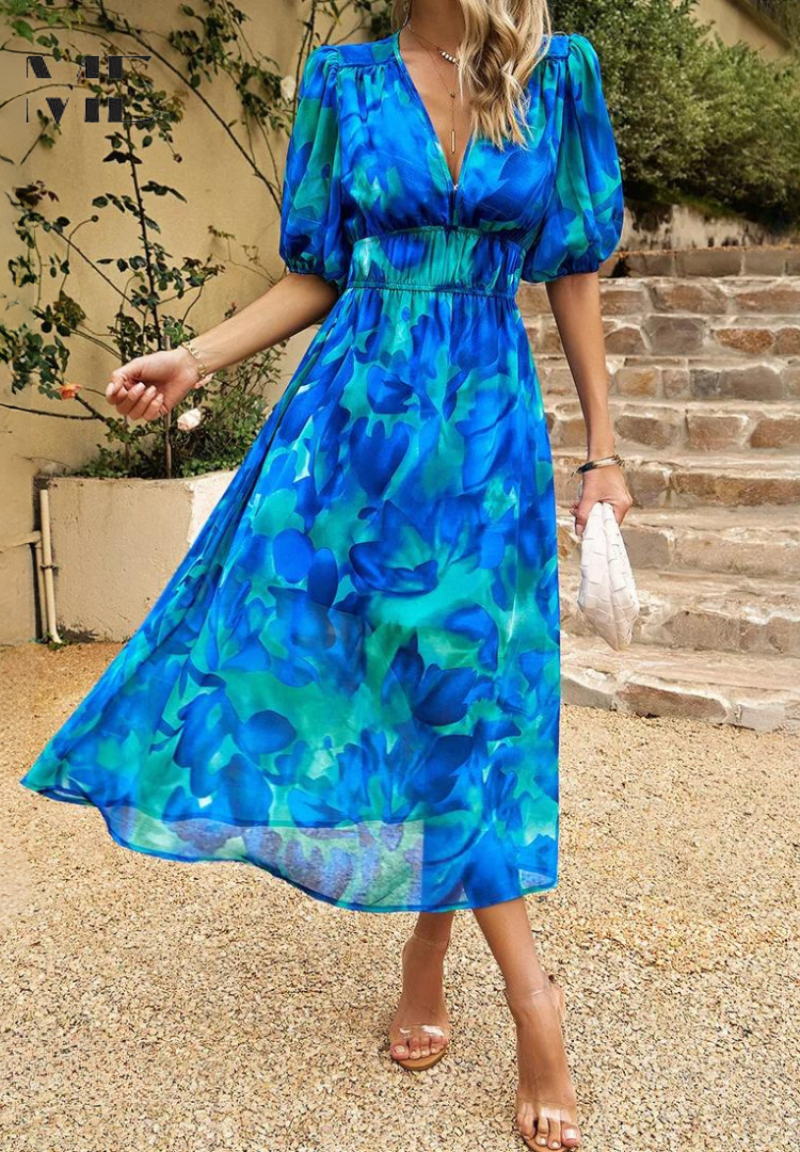 Floral V-Neck A-Line Midi Dress for Women