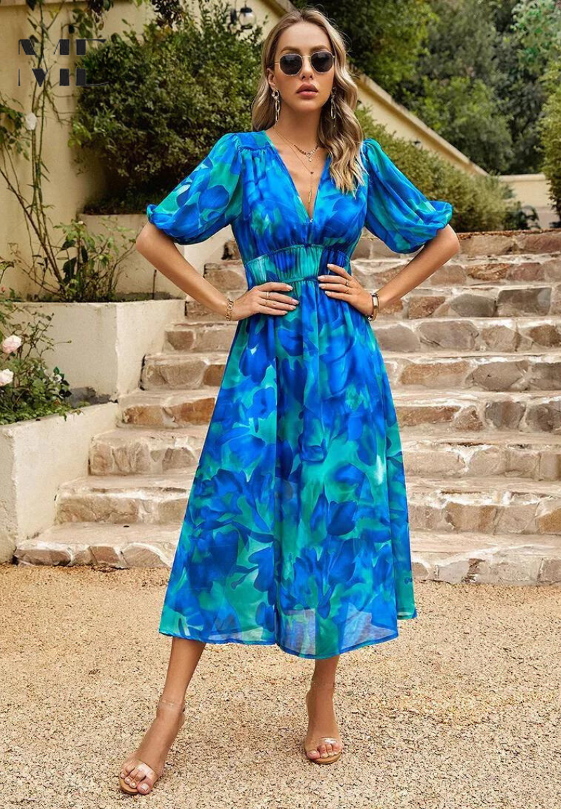 Floral V-Neck A-Line Midi Dress for Women