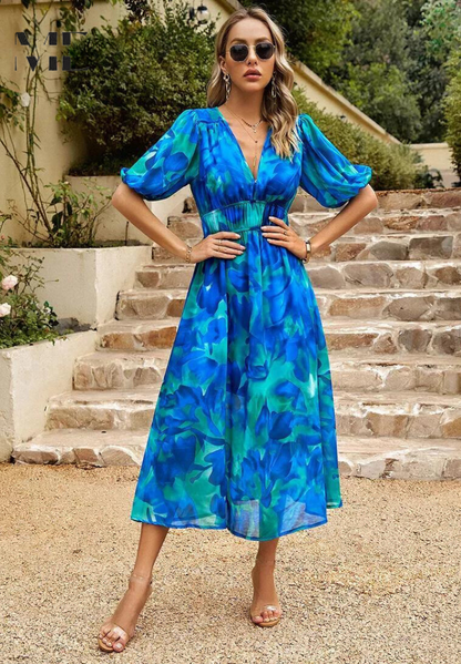 Floral V-Neck A-Line Midi Dress for Women