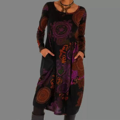 Boho Midi Dress Long Sleeve Floral Printed