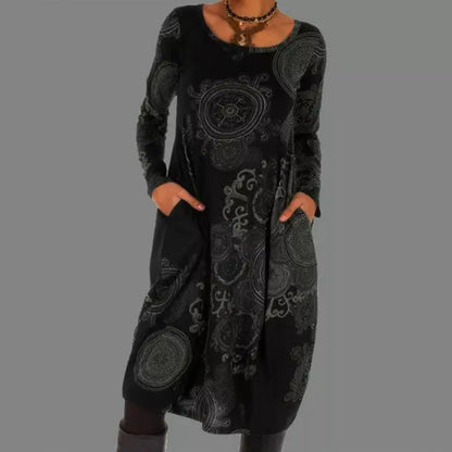 Boho Midi Dress Long Sleeve Floral Printed