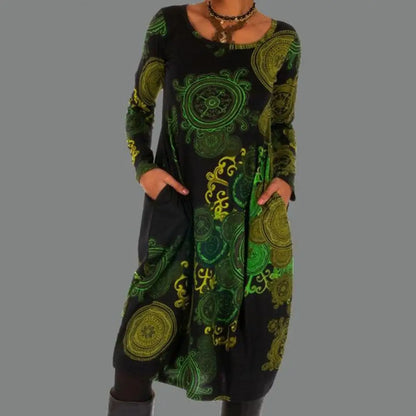 Boho Midi Dress Long Sleeve Floral Printed