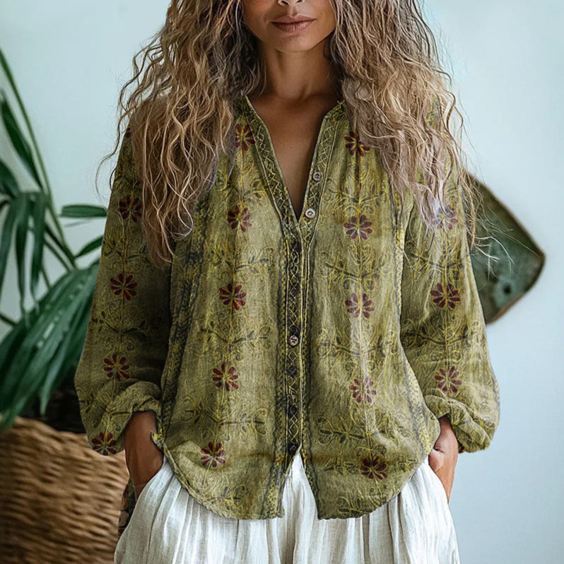 Women's Relaxed Boho V-Neck Blouse with Long Sleeves