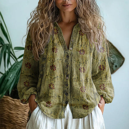 Women's Relaxed Boho V-Neck Blouse with Long Sleeves