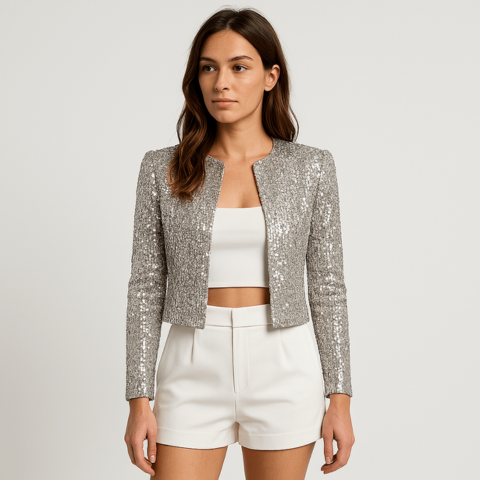 Elegant Sequin Cropped Blazer Jacket for Women