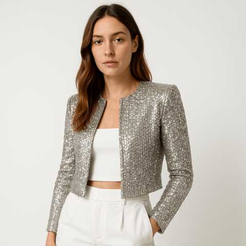 Elegant Sequin Cropped Blazer Jacket for Women