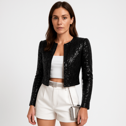 Elegant Sequin Cropped Blazer Jacket for Women