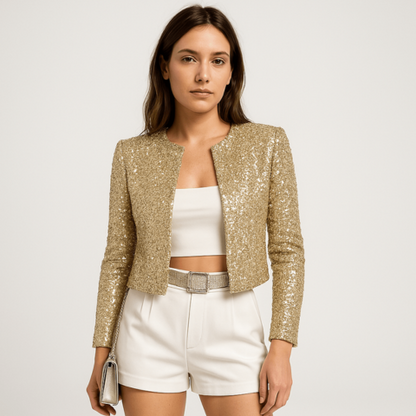 Elegant Sequin Cropped Blazer Jacket for Women