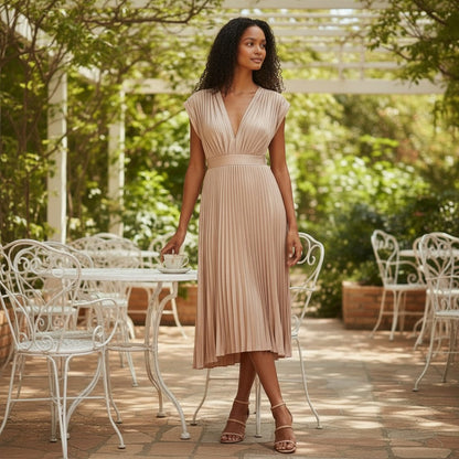 Stella Pleated Maxi Dress V-Neck Polyester for Women