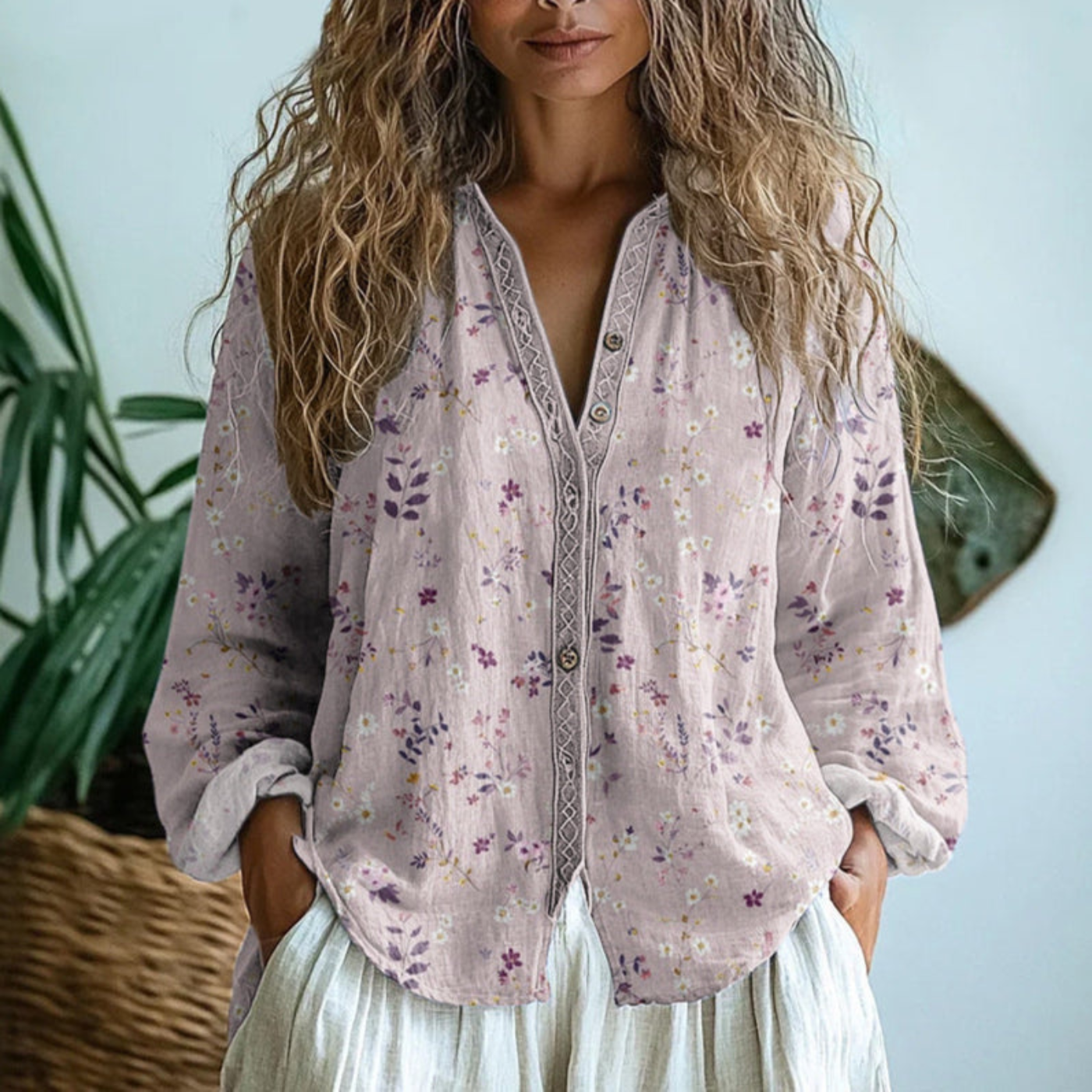 Women's Vintage Floral Button-Up Blouse with Relaxed Fit and Long Sleeves
