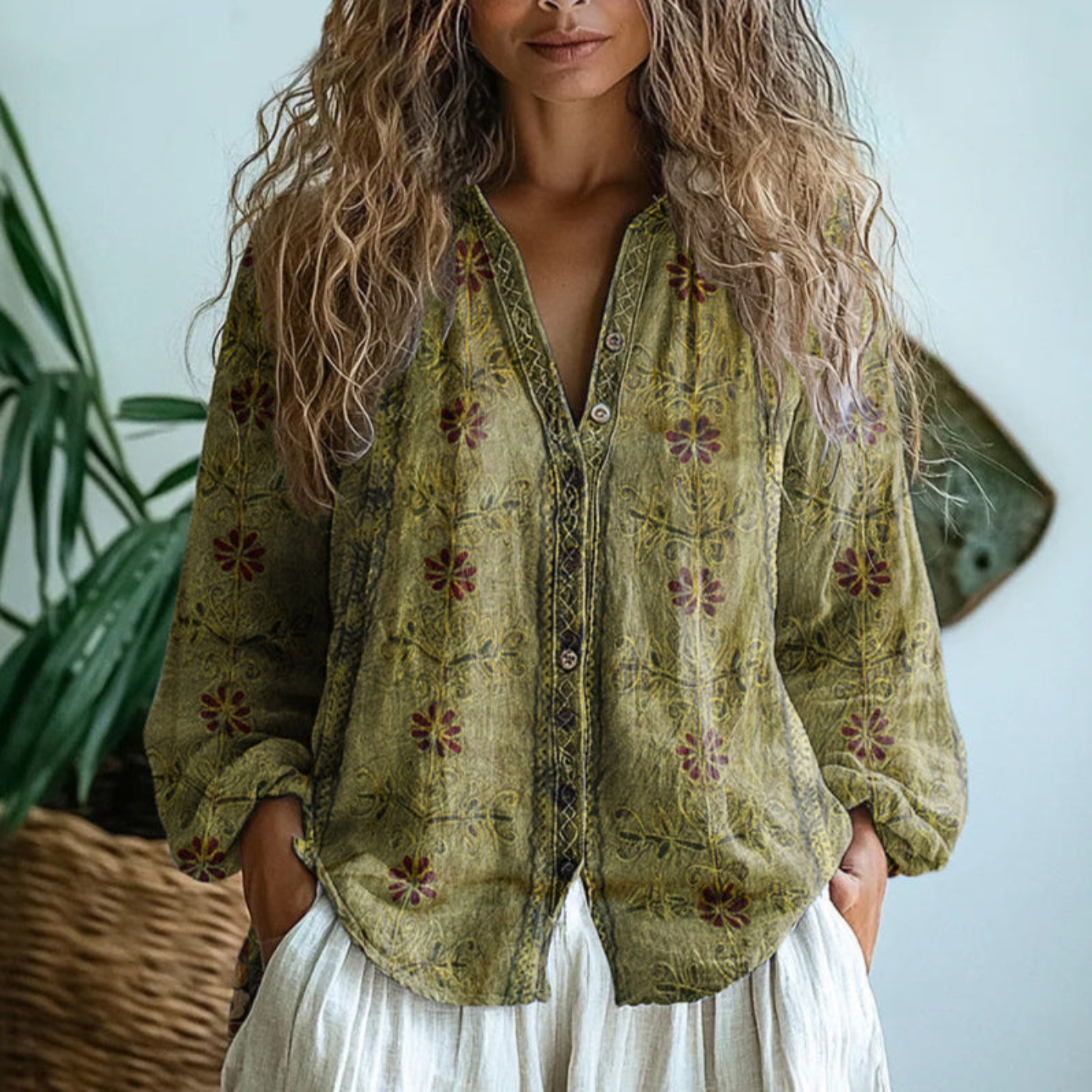 Women's Vintage Floral Button-Up Blouse with Relaxed Fit and Long Sleeves