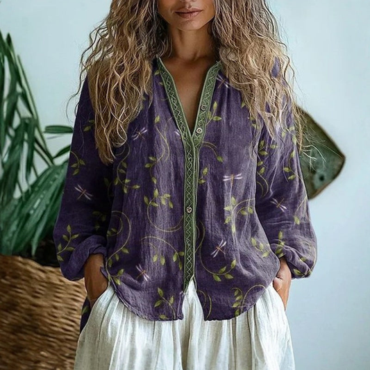 Women's Vintage Floral Button-Up Blouse with Relaxed Fit and Long Sleeves