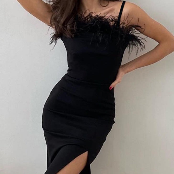 Black Feather Evening Maxi Dress High Slit Women