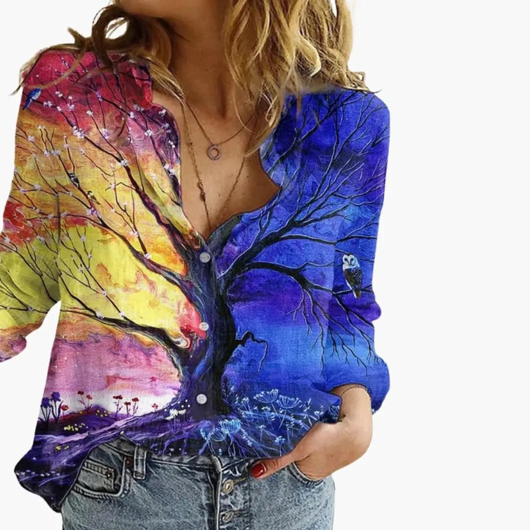 Women’s Artistic Print Casual V Neck Blouse