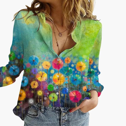 Women’s Artistic Print Casual V Neck Blouse