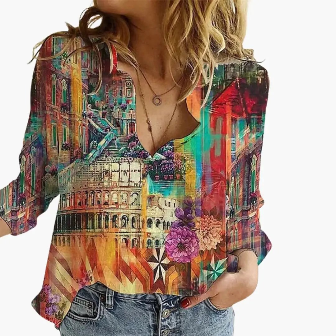 Women’s Artistic Print Casual V Neck Blouse