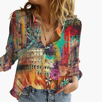 Women’s Artistic Print Casual V Neck Blouse