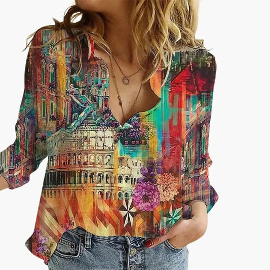 Women’s Artistic Print Casual V Neck Blouse