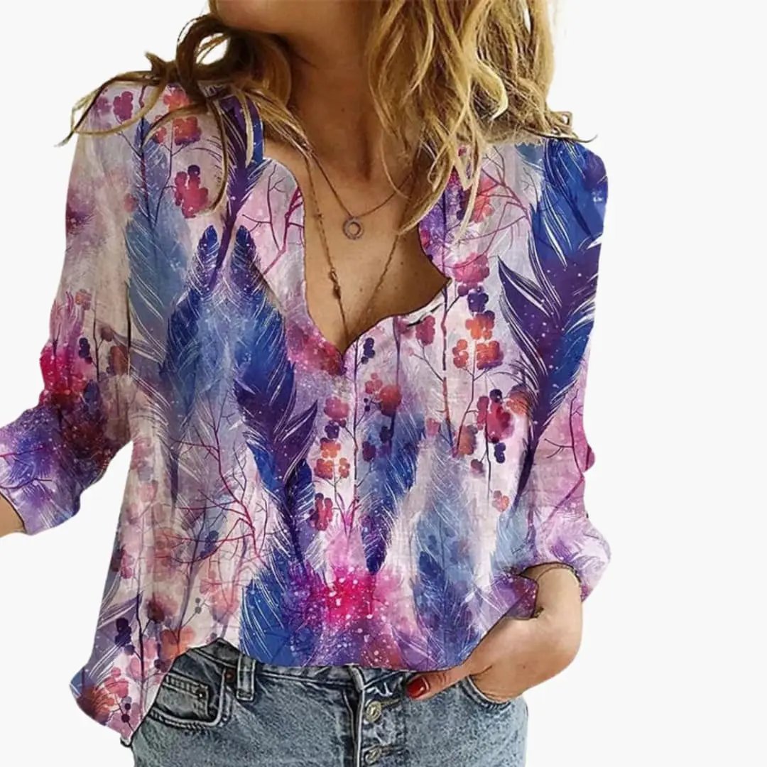 Women’s Artistic Print Casual V Neck Blouse
