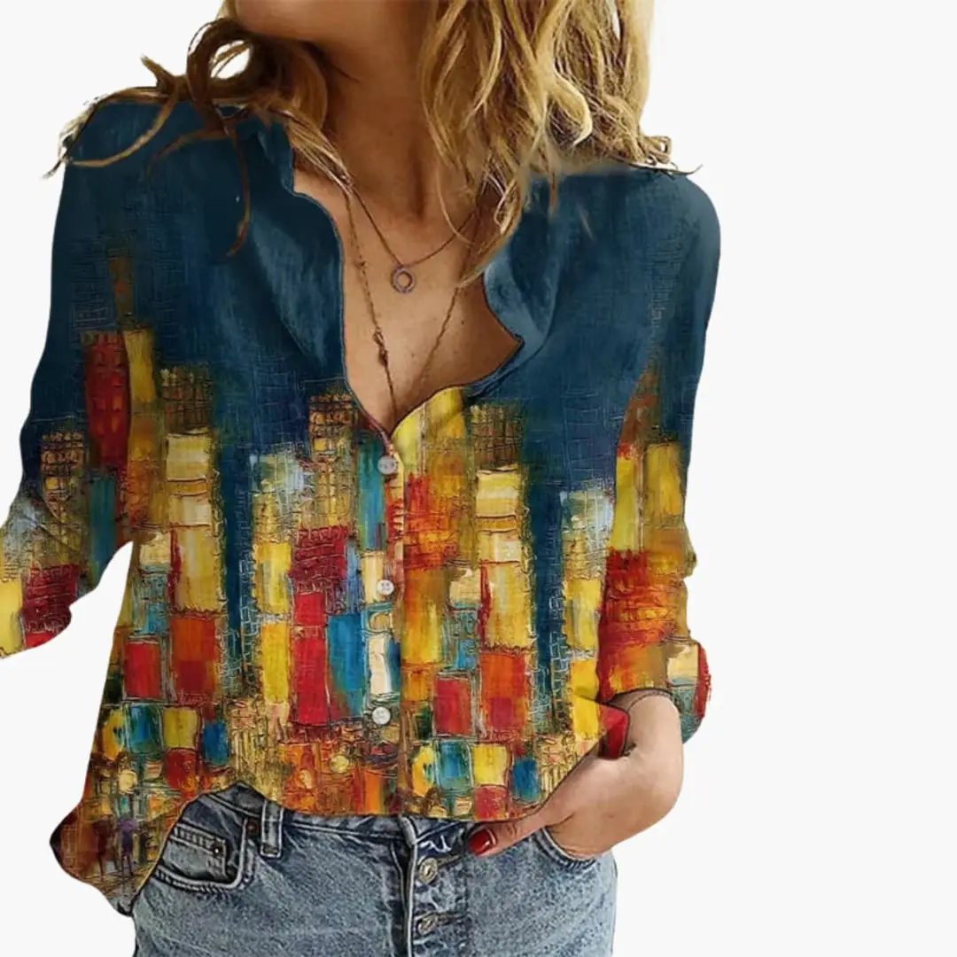 Women’s Artistic Print Casual V Neck Blouse