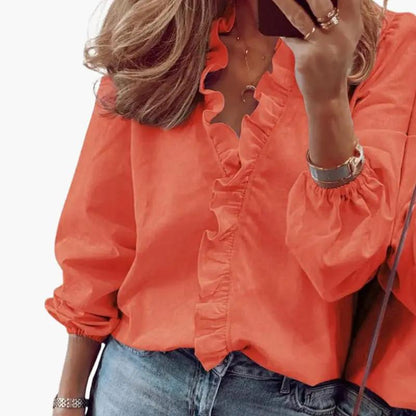 Elegant Long Sleeve Ruffle Trim V-Neck Blouse