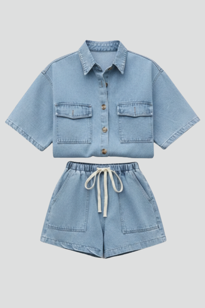Women's Denim Shirt Jacket and Shorts Set