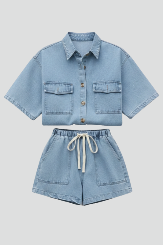 Women's Denim Shirt Jacket and Shorts Set