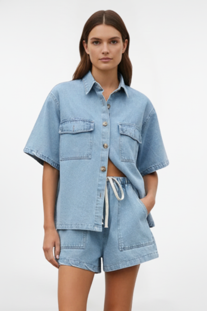 Women's Denim Shirt Jacket and Shorts Set