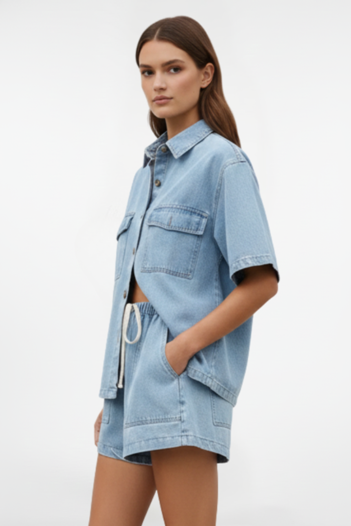 Women's Denim Shirt Jacket and Shorts Set