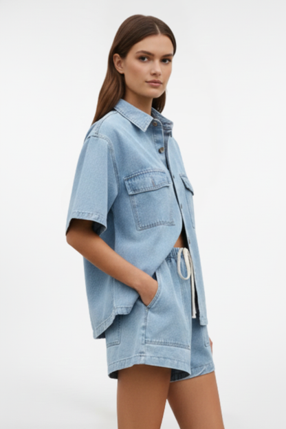 Women's Denim Shirt Jacket and Shorts Set