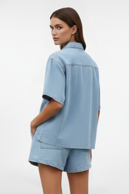 Women's Denim Shirt Jacket and Shorts Set