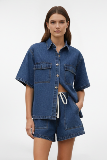 Women's Denim Shirt Jacket and Shorts Set